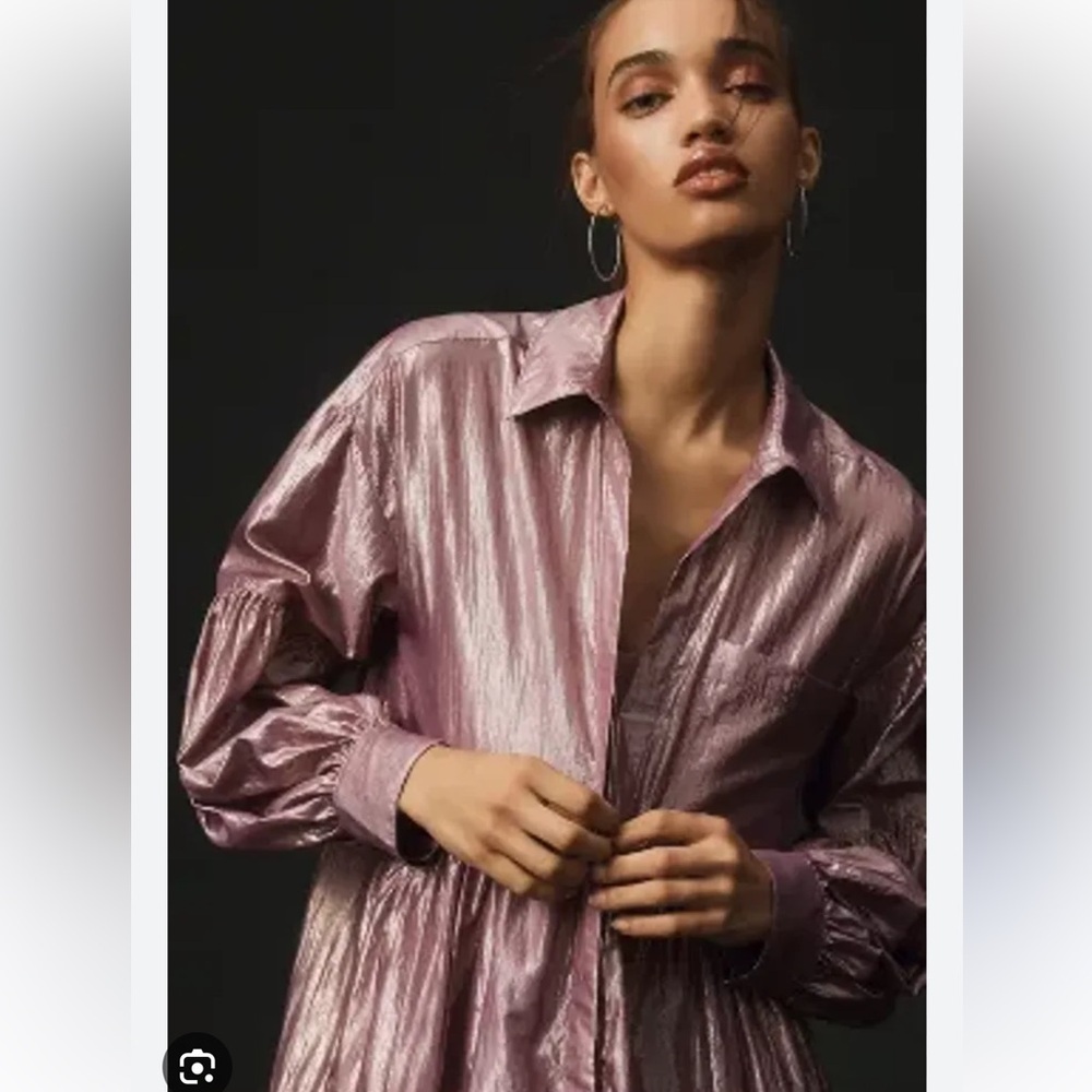 Anthropologie Pilcro Long-Sleeve V-Neck Metallic High-Low Dress in Lilac - Picture 2 of 13